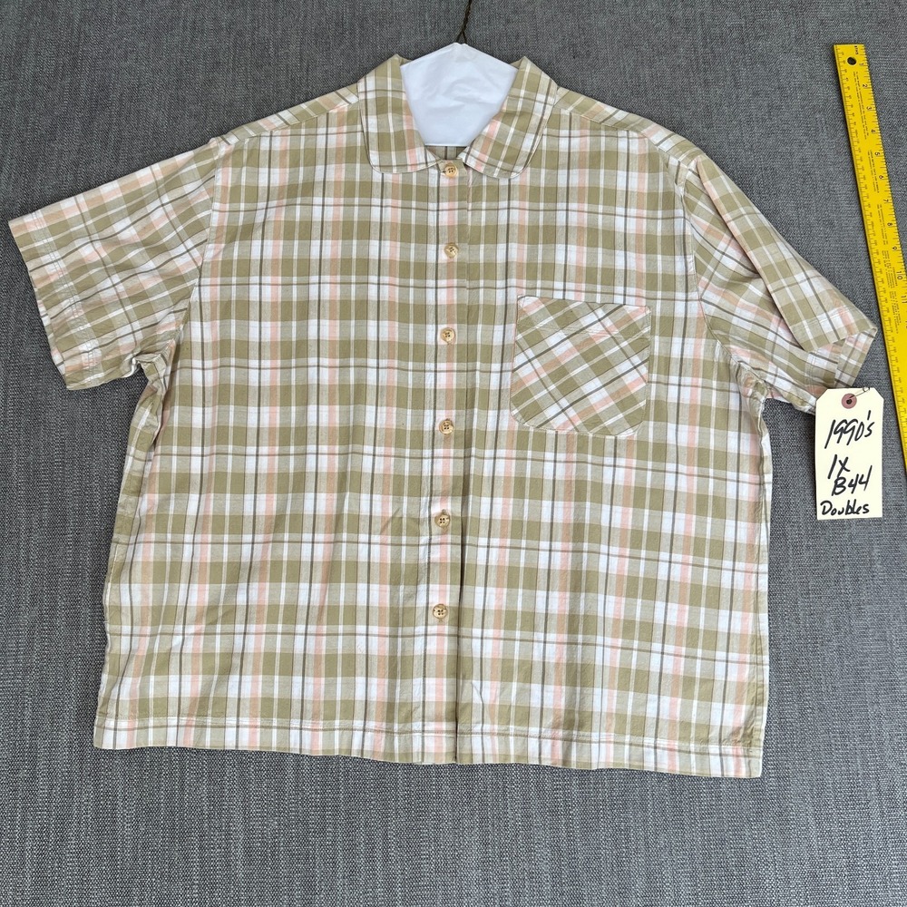 Vtg 90s Norton Shirt Top Womens 1X Multi Plaid Short Sleeve Collared Button-Up